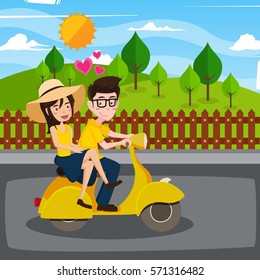 Cute Romantic Afternoon Scooter Ride Illustration, Suitable for Invitation, Web Banner, Social Media, and Other Valentine Related Occasion