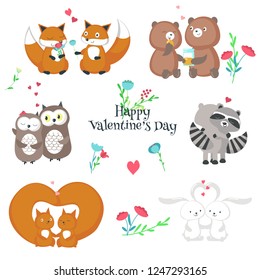 Cute romantic animals couples. Vector illustration isolated on white background. Happy loving foxes, bears, owls, raccoons, squirrels and bunnies hugging, holding hands, giving flowers, sweet honey.