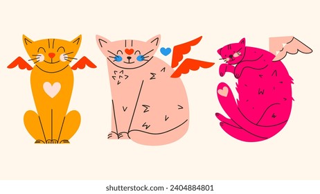 Animales románticos. Gracioso estilo de caricatura de ángeles gatos.