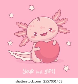 Cute Romantic Axolotl hugs big heart. Little festive cartoon pink kawaii character. Vector illustration. Holiday postcard valentine