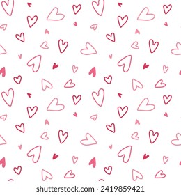 Cute romantic background with different heart shapes. Seamless pattern. Minimalistic love vector illustration. Hand drawn pink outline doodle hearts. Valentine's day Mother's day Anniversary pattern