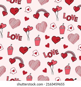 cute romantic background. red and pink colors. hand drawn vector. seamless pattern with love icon. doodle art for wallpaper, wrapping paper and gift, backdrop, fabric, textile. valentine's theme. 