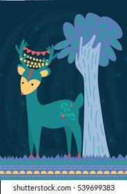 Cute romantic background in vector. Magic deer with garland 
