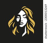 Cute romantic blonde woman face with waving golden hair shadow art silhouette logo for beauty salon vector flat illustration. Beautiful female abstract portrait elegant fashion cosmetic brand design