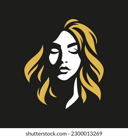 Cute romantic blonde woman face with waving golden hair shadow art silhouette logo for beauty salon vector flat illustration. Beautiful female abstract portrait elegant fashion cosmetic brand design