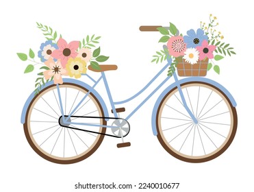 Cute romantic blue bike with spring flowers. Isolated on white background. Retro bike carrying basket, with flowers and plants. Vector illustration.