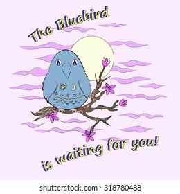 A cute romantic bluebird sitting on a flowering branch. An congratulatory card for birthday or another pleasant event. 