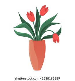 Cute romantic bouquet of tulips in vase. Beautiful spring pink flowers. House interior decoration element. Flower buds with leaves in glass vase. Decorative flowerpot with bouquet vector illustration