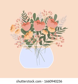 Cute romantic bouquet in the vase on pink background. Vector hand drawn illustration.