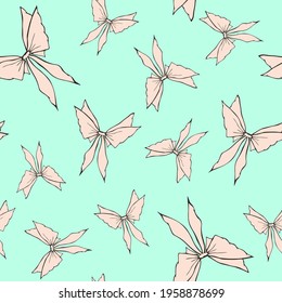 Cute romantic bowknots seamless pattern. Pretty flat bows abstract endless texture for fabric, print, cosmetics, package, stationery, wrapping paper, background. Cheerful festive doodle design.
