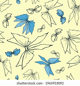 Cute romantic bowknots seamless pattern. Pretty flat bows abstract endless texture for fabric, textile, cosmetics, package, stationery, wrapping paper, background. Cheerful festive doodle design.