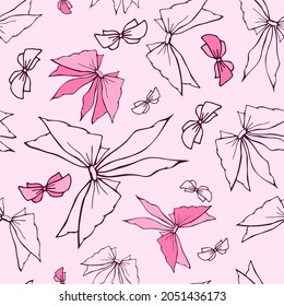 Los dulces y románticos nudos de bolas son un patrón inquebrantable. Bastante plana arcos abstractos e interminables textura para tela, textil, cosmética, paquete, papelería, papel envolvente, fondo. Alegre diseño de doodles festivos.