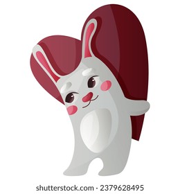 Cute romantic bunny character for postcard hold heart. Rabbit couples in love for 14 February. Loving animals with hearts. Be my Valentine. Valentines day greeting card, banner, flyer, invitation