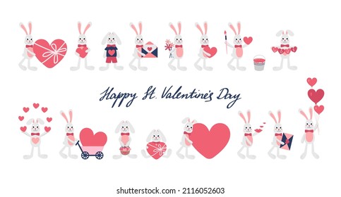 Cute romantic bunny with heart, balloons, flovers, love letter for St. Valentines day card. Calligraphy and rabbit composition for 14 February. Flat vector illustration isolated on white backgroun