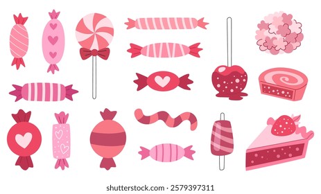 Cute romantic candies and desserts set. Pink sweets for Valentine s Day, wedding, anniversary and other holidays. Isolated on white background.