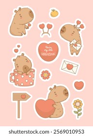 Cute romantic Capybara Valentine stickers. Cartoon enamored  animal in polka dot cup, with hearts and with love letter. Vector illustration. isolated Holiday kawaii character