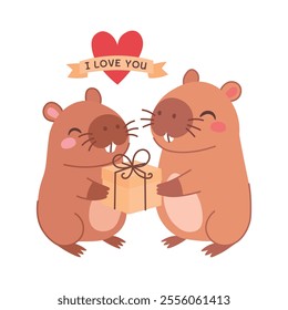 Cute romantic capybaras in love. Animal characters for valentine's day. Capybara giving a gift. Vector flat illustration isolated on transparent background.