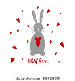 Cute romantic card with funny rabbit in love with red hearts. Invitation. Valentines day design