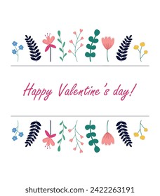 cute romantic card with wildflowers for valentine's day in minimalistic style on white background. Vector.