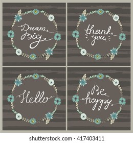 Cute romantic cards with calligraphy. Postcards, posters, stickers.  Lettering. Be happy. Hello. Dream big. Thank you. Cute pages for notes. Notebooks,decals, diary, cards, school accessories