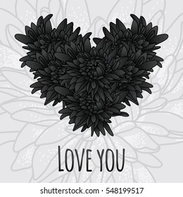 Cute romantic cards  with heart made of aster flowers, vector illustration. Can be used for wedding invitation, card for Valentine's Day or card about love.