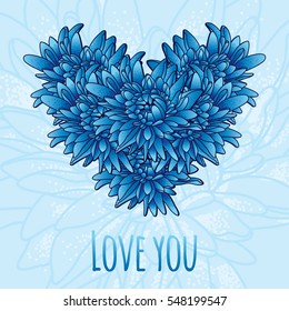 Cute romantic cards  with heart made of aster flowers, vector illustration. Can be used for wedding invitation, card for Valentine's Day or card about love.