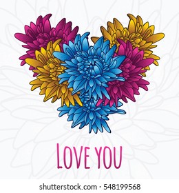 Cute romantic cards  with heart made of aster flowers, vector illustration. Can be used for wedding invitation, card for Valentine's Day or card about love.