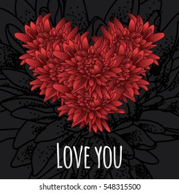Cute romantic cards  with heart made of aster flowers, vector illustration. Can be used for wedding invitation, card for Valentine's Day or card about love.