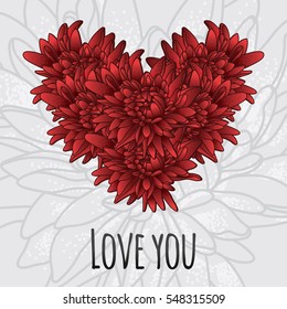 Cute romantic cards  with heart made of aster flowers, vector illustration. Can be used for wedding invitation, card for Valentine's Day or card about love.