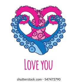 cute romantic cards with octopus in the form of heart, vector illustration. Can be used for wedding invitation, card for Valentine's Day or card about love.