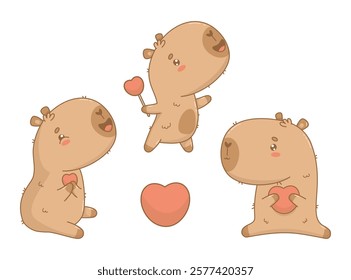 Cute romantic cartoon Capybara with heart collection. isolated enamored kawaii character on white background. Vector illustration. Holiday Valentine animal 