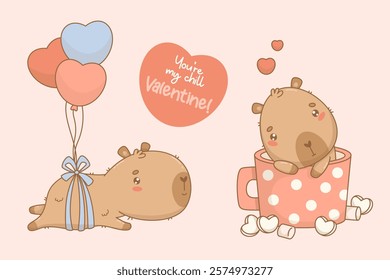 Cute romantic cartoon Capybara set. Calm enamored kawaii character in polka dot cup with marshmallow and flying on balloons hearts. Vector illustration. isolated Holiday Valentine animal 