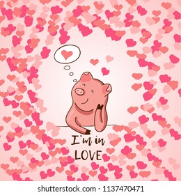 cute romantic cartoon pig in love