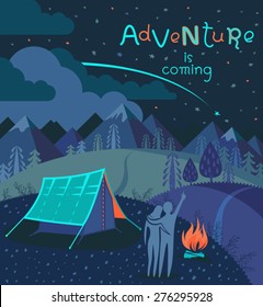 Cute romantic cartoon travel poster. Vector. The couple in love on the background of camping, fire, forest, mountains and night sky with falling star. Lovely tourism card. Adventure is coming!