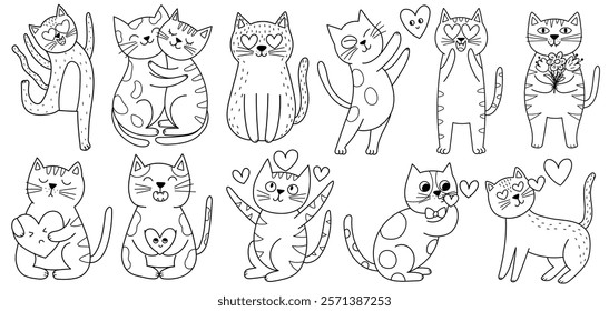 Cute romantic cats black and white set for coloring book. Funny feline characters for Valentine's Day and Love coloring page. Outline doodle animals collection in cartoon style. Vector illustration