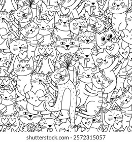 Cute romantic cats black and white seamless pattern. Valentine's Day and Love feline characters for coloring book. Outline background. Vector illustration