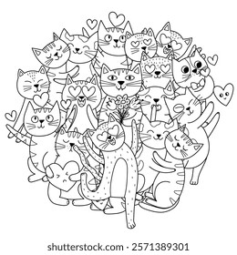 Cute romantic cats circle shape coloring page. Valentine's Day and Love feline characters mandala for coloring book. Vector illustration