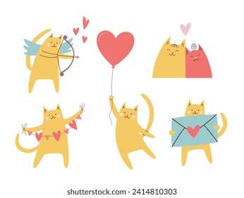 Cute romantic cats set. St Valentine's day vector illustration