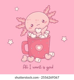 Cute Romantic Christmas Axolotl in cup Hot Cocoa with Marshmallows. Little festive cartoon pink kawaii character. Vector illustration. Holiday funny postcard valentine