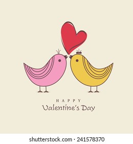 Cute romantic couple of birds in love with red heart for Happy Valentine's Day celebration.