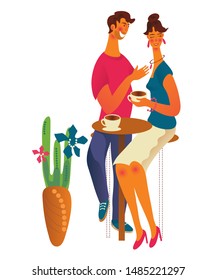 Cute romantic couple at cafe or coffee shop drinking coffee and talking. Young man and woman dialog or conversation at cafe on date. Flat cartoon vector illustration isolated on white background.