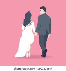 Cute Romantic Couple Cartoon Character Illustration walking and running while holding hand concept