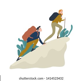 Cute Romantic Couple Climbing Up Cliff Or Mountain. Pair Of Funny Hikers, Tourists Or Climbers Isolated On White Background. Happy Boy And Girl Hiking Or Trekking. Flat Cartoon Vector Illustration.