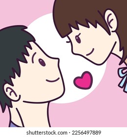 Cute and romantic couple close up face with heart decorations. Valentines day themed vector illustration isolated on pink square template. Clean and bold line drawing with simple flat art style.