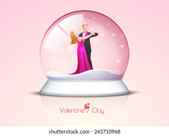 Cute romantic couple dancing in a snow dome for Happy Valentine's Day celebration on glossy pink background.