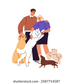 Cute romantic couple has lots of dogs with different breeds. Owners hug, cuddle together, pet their puppies. Happy people have fun with pups. Flat isolated vector illustration on white background