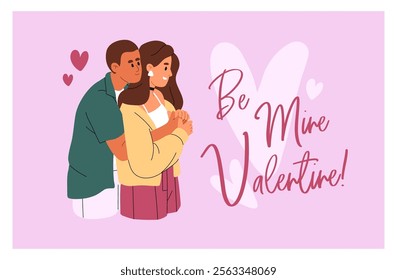 Cute romantic couple hugs on design of Valentine's Day card. Girlfriend and boyfriend love each other, cuddle together on 14 February postcard. Happy lovers, beloveds embrace. Flat vector illustration