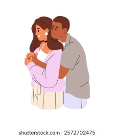 Cute romantic couple in interracial relationship hugs. Happy boyfriend embraces his lover from back. Beloveds love each other, cuddle together. Flat isolated vector illustration on white background