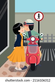 Cute romantic couple kissing on highway background
