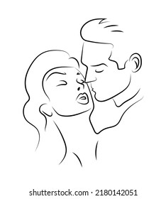 Cute romantic couple in love kissing. Woman and man. Black and white hand drawn line art style vector illustration isolated on white background.
